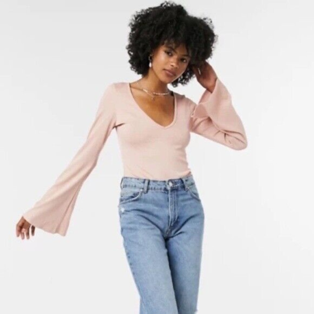 Intimately Free People Rose Charli Ribbed Flare Sleeve Bodysuit Plunge V-neck - Picture 2 of 15